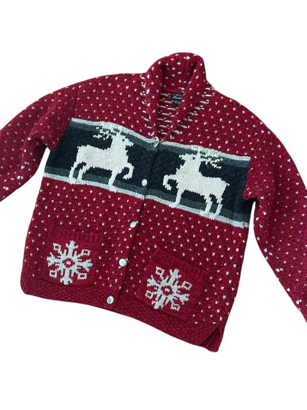 Vintage 90s 100% Wool Cabincore Sweater Cardigan Size Medium Christmas Reindeer